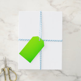 Een felgroene, rechthoekige papieren tag  cadeaulabel