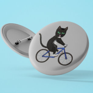 Een fietskat op een zwarte en witte kat ronde button 5,7 cm