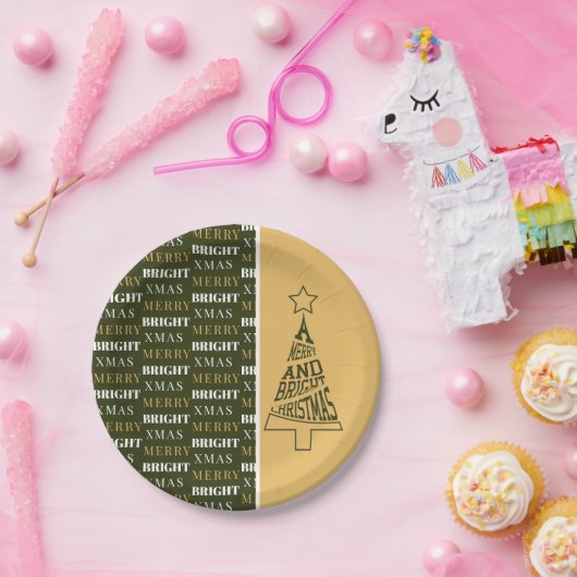 Een fijne en heldere kerstboom, groen en geel papieren bordje (Feest)