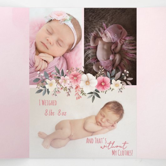 Een fijngevoelige en humoristische geboorteaankond drieluik kaart (Binnenkant midden)