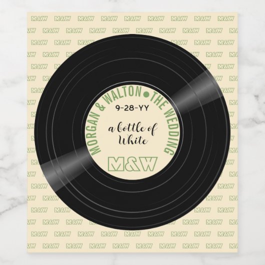 Een fles wit vinyl record monogram op maat wijn etiket (Enkel label)