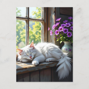 Een Fluffy Witte Kat Die Slaapt op de Vensterbank Briefkaart