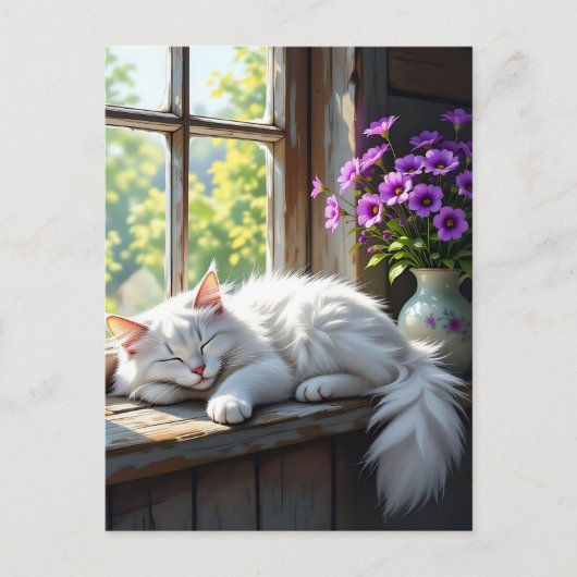 Een Fluffy Witte Kat Die Slaapt op de Vensterbank Briefkaart (Voorkant)