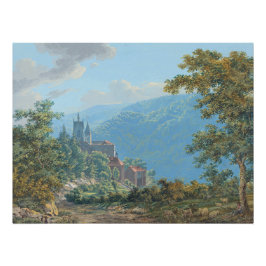Een fort in een berglandschap bij zonsopgang perfect poster