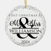 Een foto Eerste Kerstmis Getrouwd Mr. & Mrs. Glitt Keramisch Ornament (Voorkant)