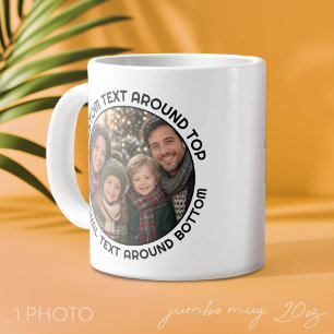 Eén foto en tekst rond een cirkelrand grote koffiekop
