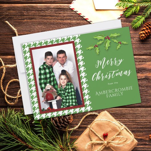 Eén foto groen-wit houndstooth dessin feestdagenkaart