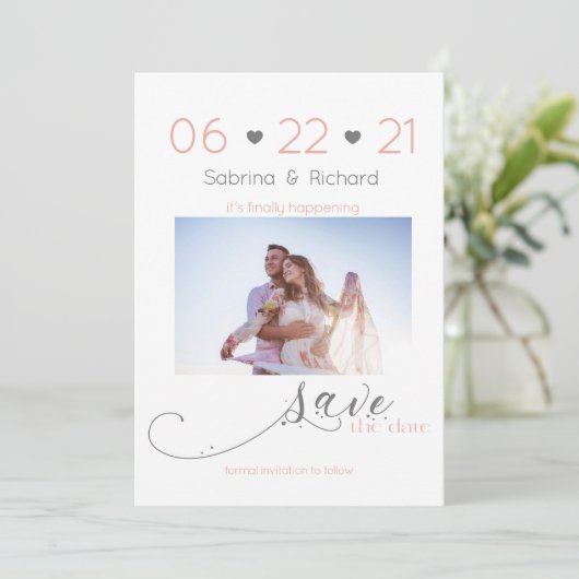 Eén foto minimaliseert Blush Save the Date (Staand voorkant)