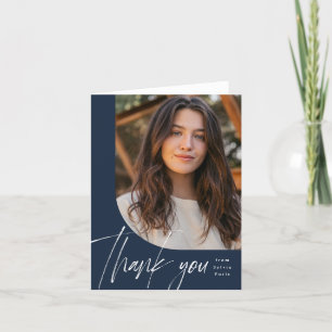 Een foto modern navy brush script afstuderen bedankkaart