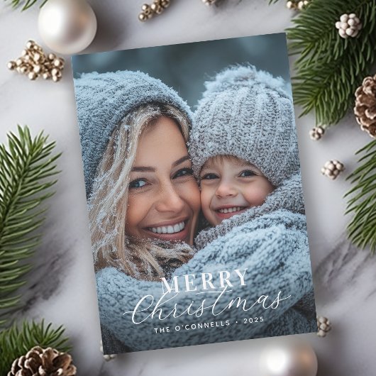 Een foto moderne script Prettig kerstfeest Feestdagenkaart