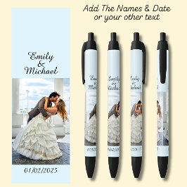 Eén Foto, Naam & Datum of jouw tekst op zacht blau Zwarte Inkt Pen