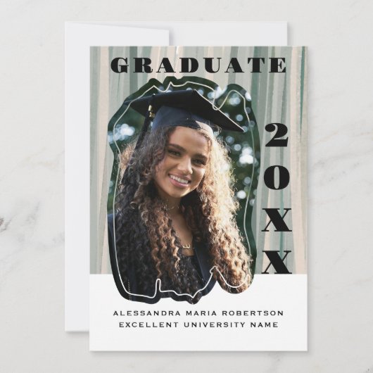 Een foto sage groen beige strepen afstuderen aankondiging (Voorkant)