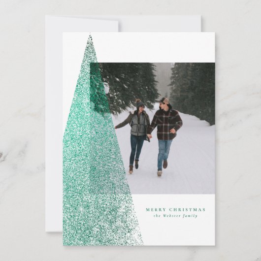 Een foto van de kerstboom met een moderne groene v feestdagenkaart (Voorkant)