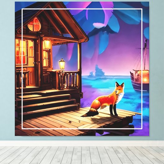 Een Fox Zittend Voor De Cabin-47567 Canvas Afdruk (Insitu (Houten vloer))