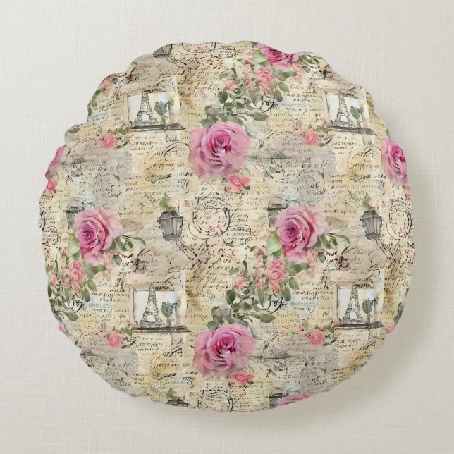 Een Franse Ephemera Design Series 1 Rond Kussen (Voorkant)
