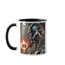 Een futuristische cyborg in een brandende wereld.