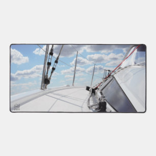 Een gangboord van een zeiljacht in helder weer. bureaumat