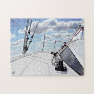 Een gangboord van een zeiljacht in helder weer. legpuzzel