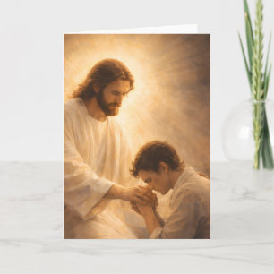 Een gebed op zijn knieën met Jezus Kaart