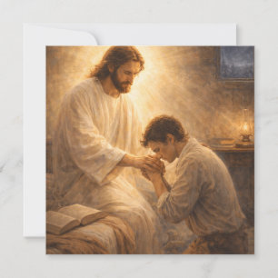 Een gebed op zijn knieën met Jezus Kaart