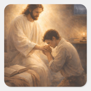 Een gebed op zijn knieën met Jezus Vierkante Sticker
