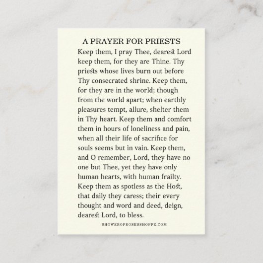EEN GEBED VOOR PRIESTERS KATHOLIEKE RELIGIEUZE PLAATSKAARTJE (Achterkant)