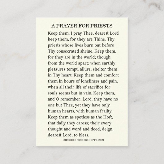 EEN GEBED VOOR PRIESTERS KATHOLIEKE RELIGIEUZE PLAATSKAARTJE (Achterkant)