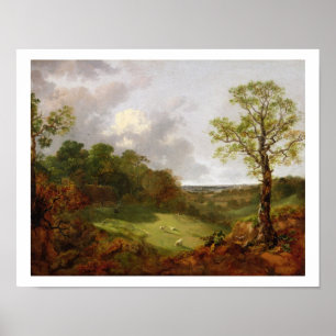 Een gebogen landschap met een Cottage, Sheep en Re Poster