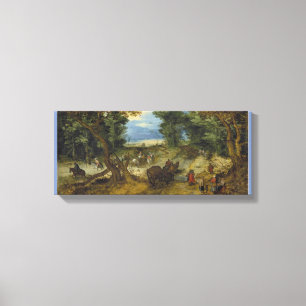 Een gebogen landschap met reizigers op een pad canvas afdruk