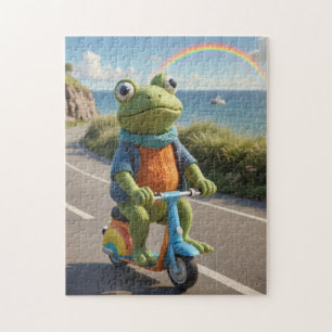 Een gebreide kikker rijdt op een step legpuzzel
