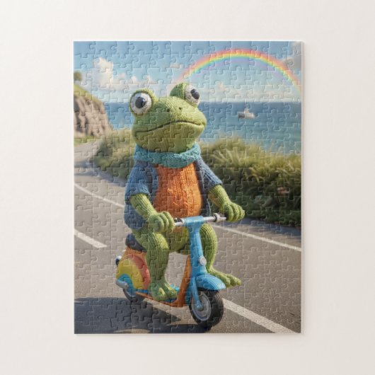 Een gebreide kikker rijdt op een step legpuzzel (Verticaal)