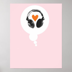 Een gedachtenbel met een hart en een hoofdtelefoon poster