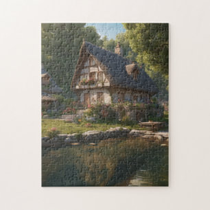 Een geheim dorp: huis bij de magische vijverpuzzel legpuzzel