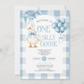 Een Gekke Gans 1e Verjaardag Ballon Blue Gingham Kaart (Voorkant)