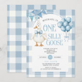 Een Gekke Gans 1e Verjaardag Ballon Blue Gingham Kaart (Voorkant / Achterkant)