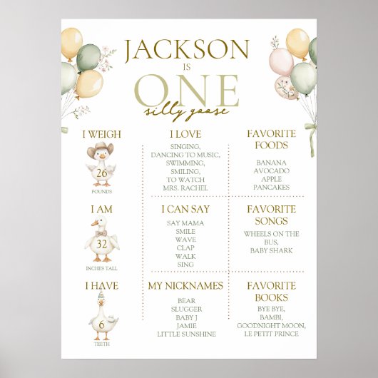 Een Gekke Gans 1e Verjaardag Mijlpalen Teken Poster (Voorkant)