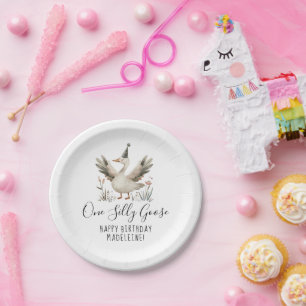 Één Gekke Gans 1e Verjaardag Schattigee Waterverf  Papieren Bordje