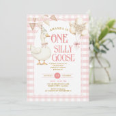 Een Gekke Gans 1e Verjaardagsballon Pink Gingham Kaart (Staand voorkant)