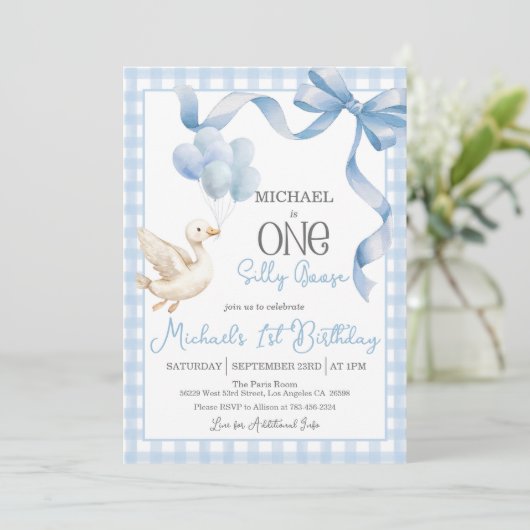 Een Gekke Gans 1e Verjaardagsuitnodiging - Blauw Kaart (Staand voorkant)