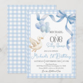 Een Gekke Gans 1e Verjaardagsuitnodiging - Blauw Kaart (Voorkant / Achterkant)