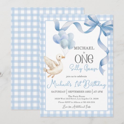 Een Gekke Gans 1e Verjaardagsuitnodiging - Blauw Kaart (Voorkant / Achterkant)