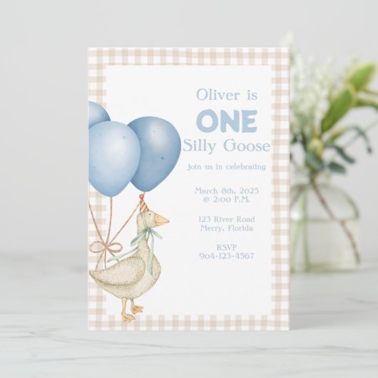 EEN Gekke Gans 1e Verjaardagsuitnodiging Feestdagenkaart (Staand voorkant)