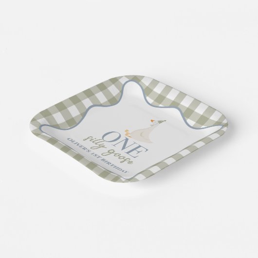 Een Gekke Gans blauw en groen Papieren Bordje (Gebogen)