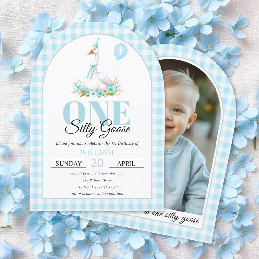 Eén gekke gans, blauwe geruite jongen wordt één ja kaart