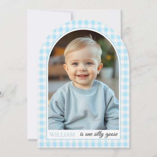 Eén gekke gans, blauwe geruite jongen wordt één ja kaart (Achterkant)