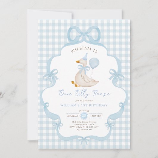  Een Gekke Gans Blue Bow 1e Verjaardag Kaart (Voorkant)