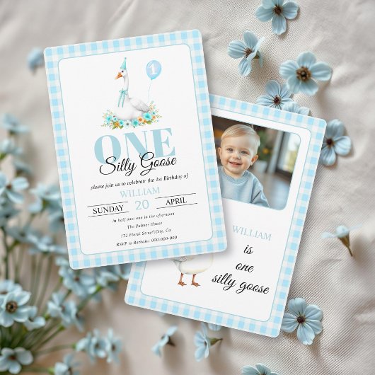 Een gekke gans, Blue Gingham Boy's 1st Birthday Kaart