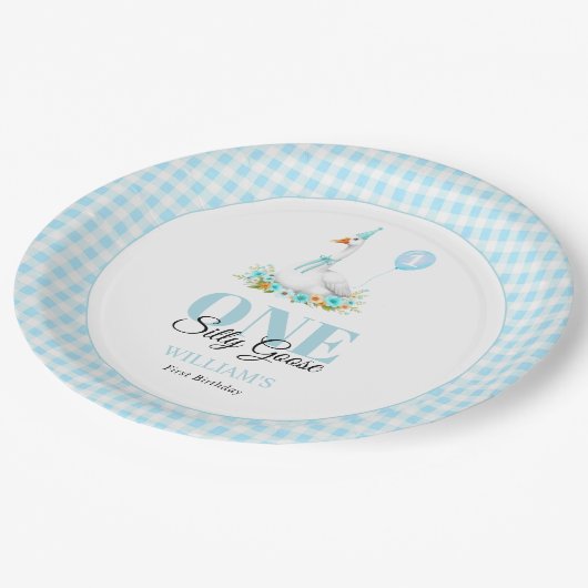 Een gekke gans, Blue Gingham Boy's 1st Birthday Papieren Bordje (Gekanteld)