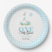 Een gekke gans, Blue Gingham Boy's 1st Birthday Papieren Bordje (Voorkant)