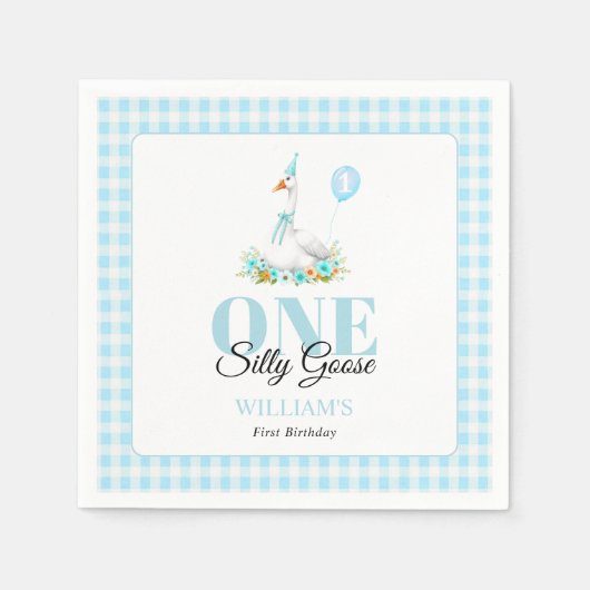 Een gekke gans, Blue Gingham Boy's 1st Birthday Servet (Voorkant)